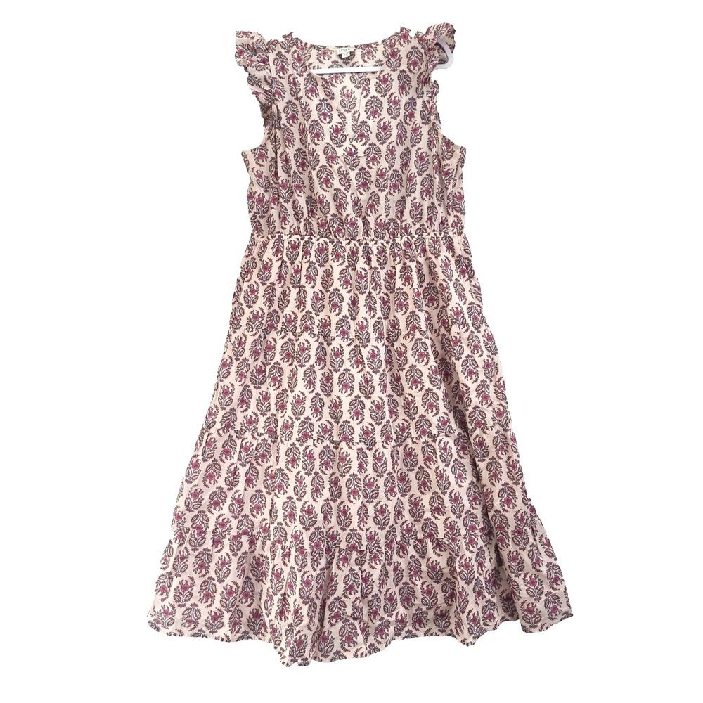 J. Crew Ruffle Sleeve Dress Cotton Tiered Midi  Pink Floral  Size 16 Cottagecore